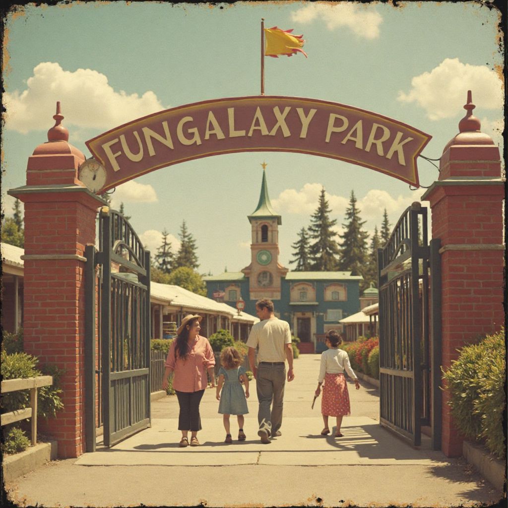Historic FunGalaxy Park entrance with families entering